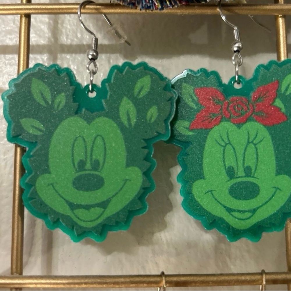 Green Mickey & Minnie Topiary Dangle Earrings- NEW